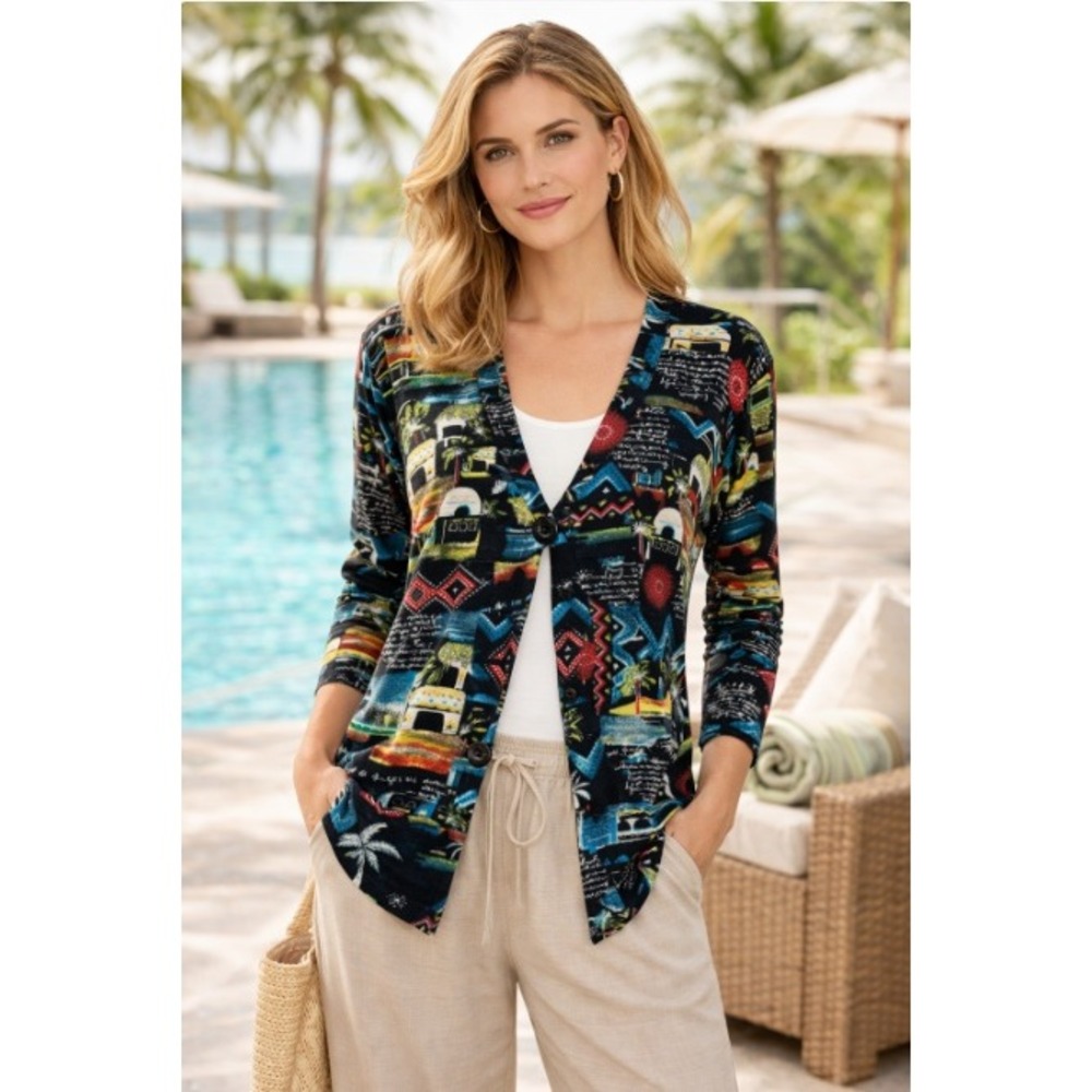 Chicos Travelers Womens LS V-Neck Tropical Village Print Top Medium (Chico's 1)